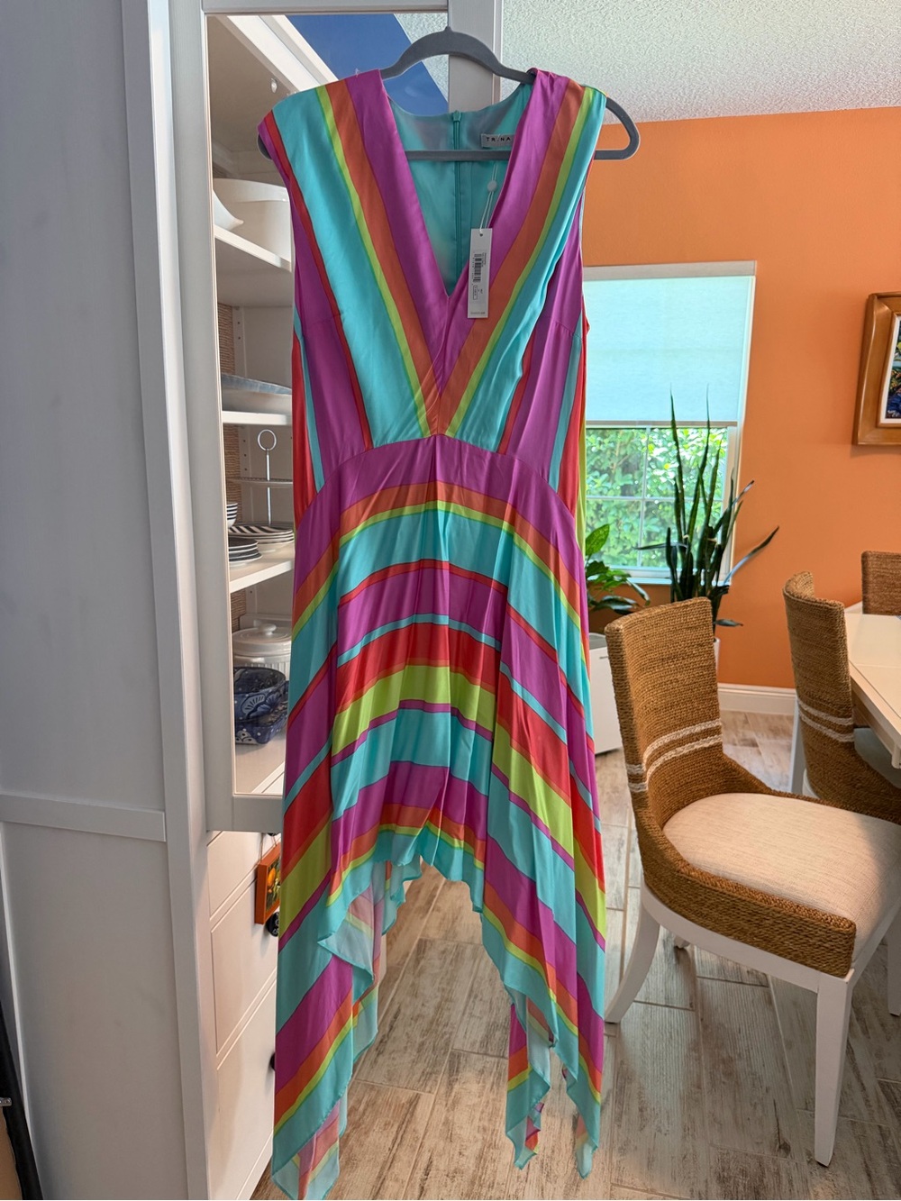 Trina Turk Vibrant Rainbow Stripe Handkerchief Hem Dress NWT 14